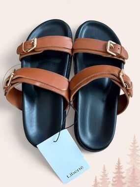 Liberté Brown Leather Double Strap Slide Sandals EU 39 US 8 NWT